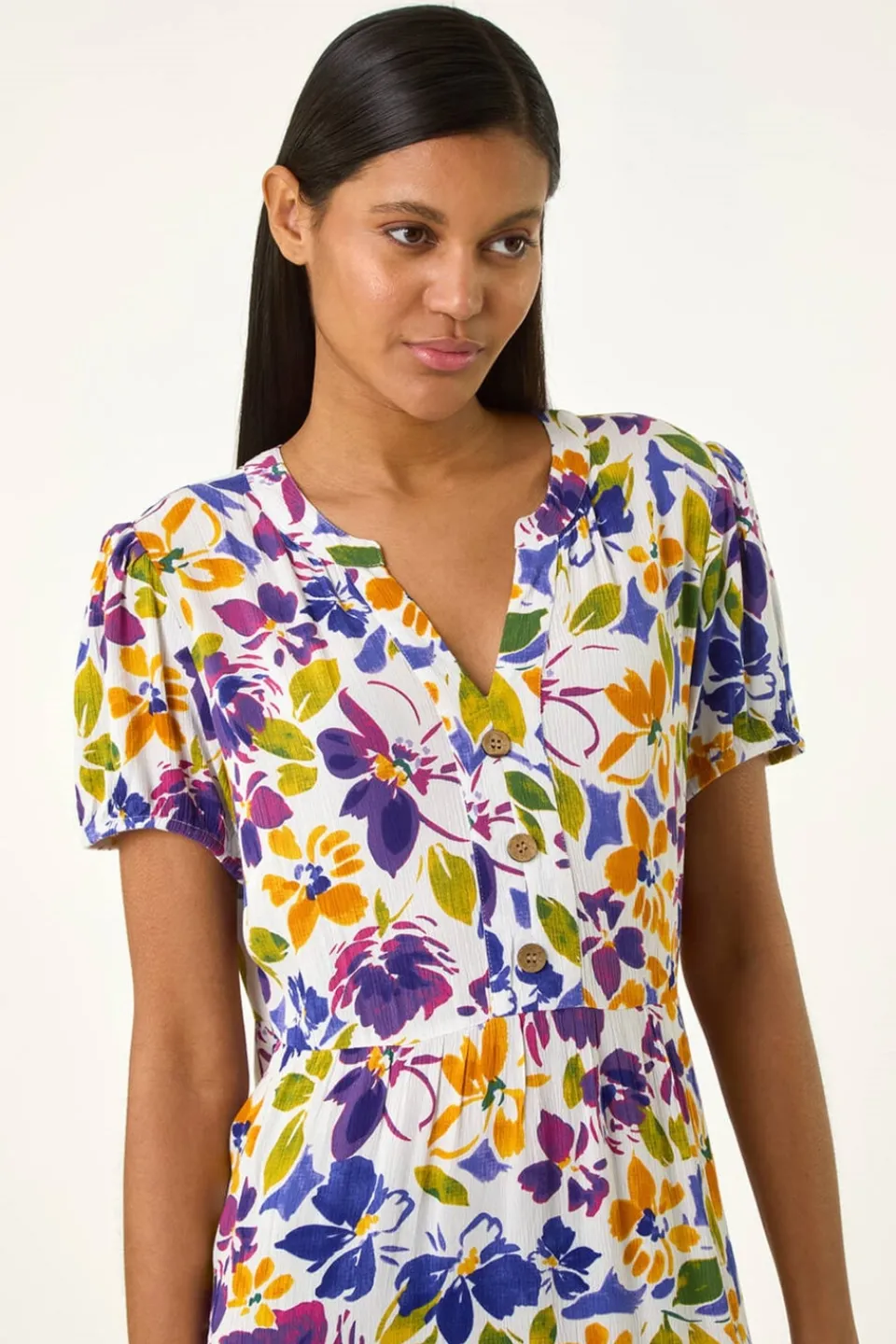 Dresses>Roman Purple Floral Notch Button Shirt Dress
