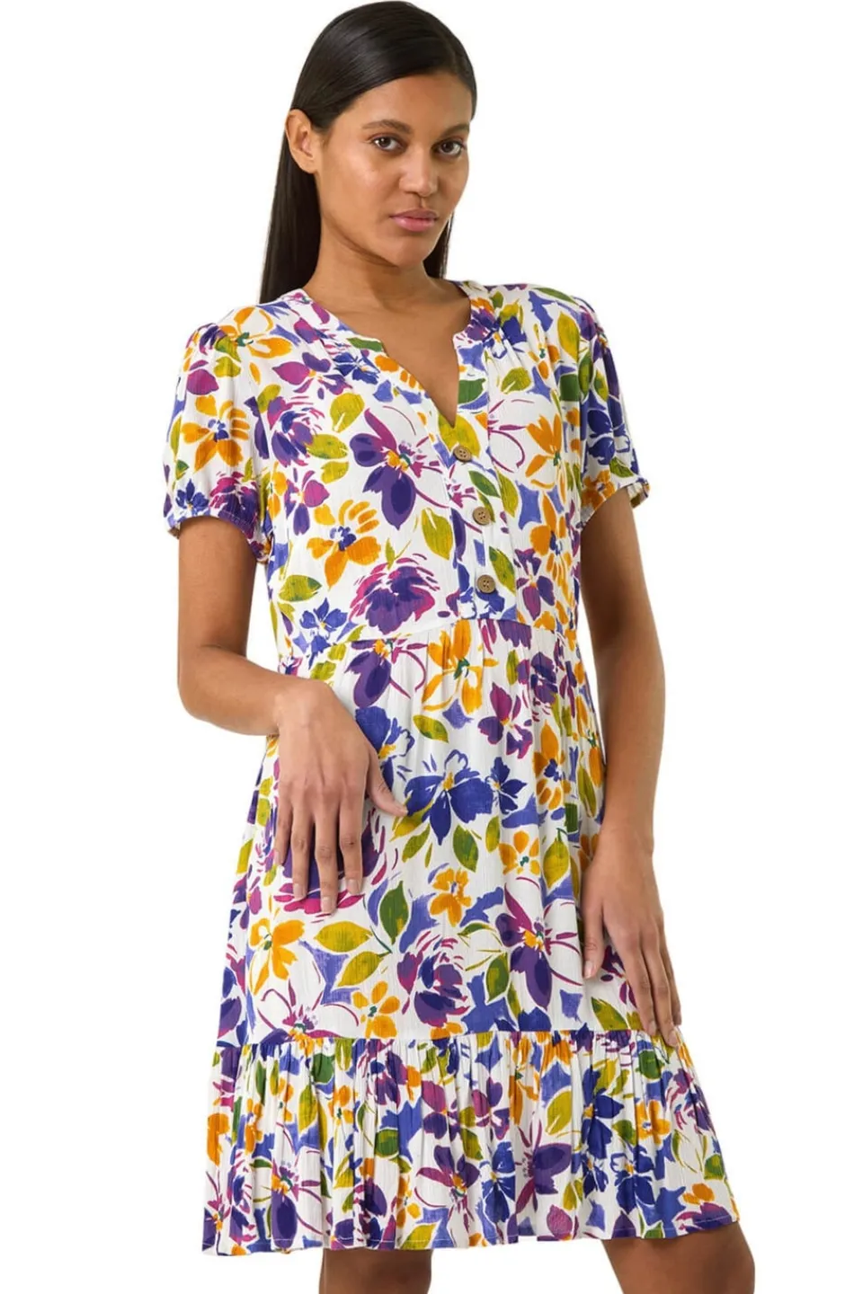 Dresses>Roman Purple Floral Notch Button Shirt Dress