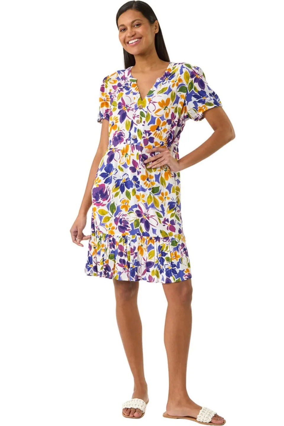 Dresses>Roman Purple Floral Notch Button Shirt Dress