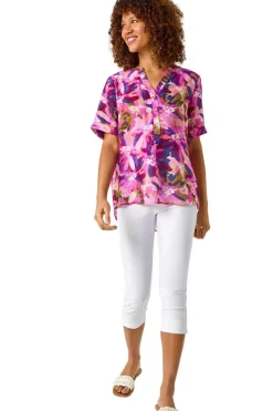 Tops>Roman Purple Floral Print V Neck Top