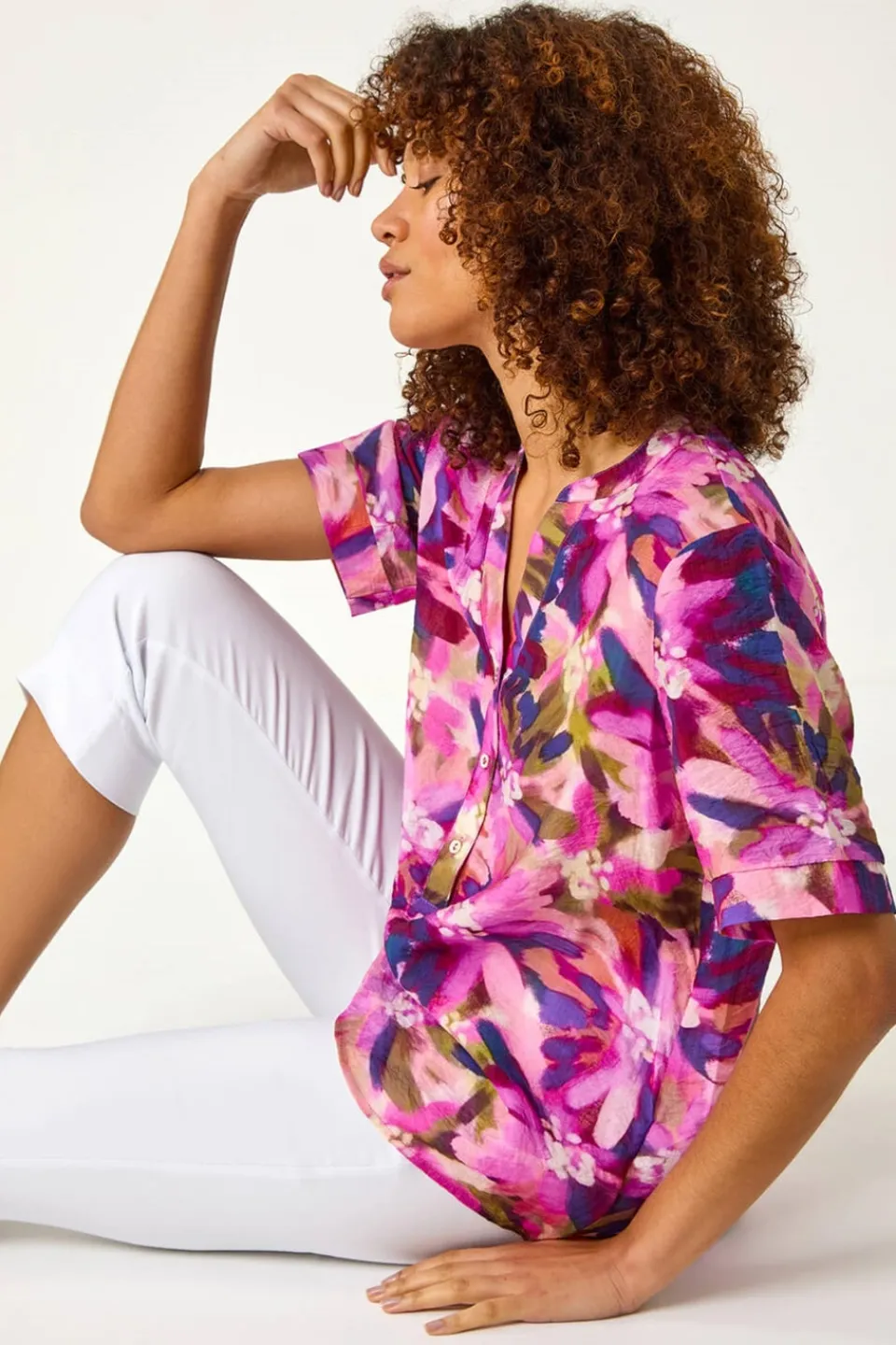 Tops>Roman Purple Floral Print V Neck Top