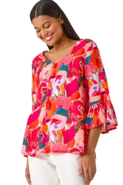 Tops>Roman Red Abstract Print Flare Sleeve Top
