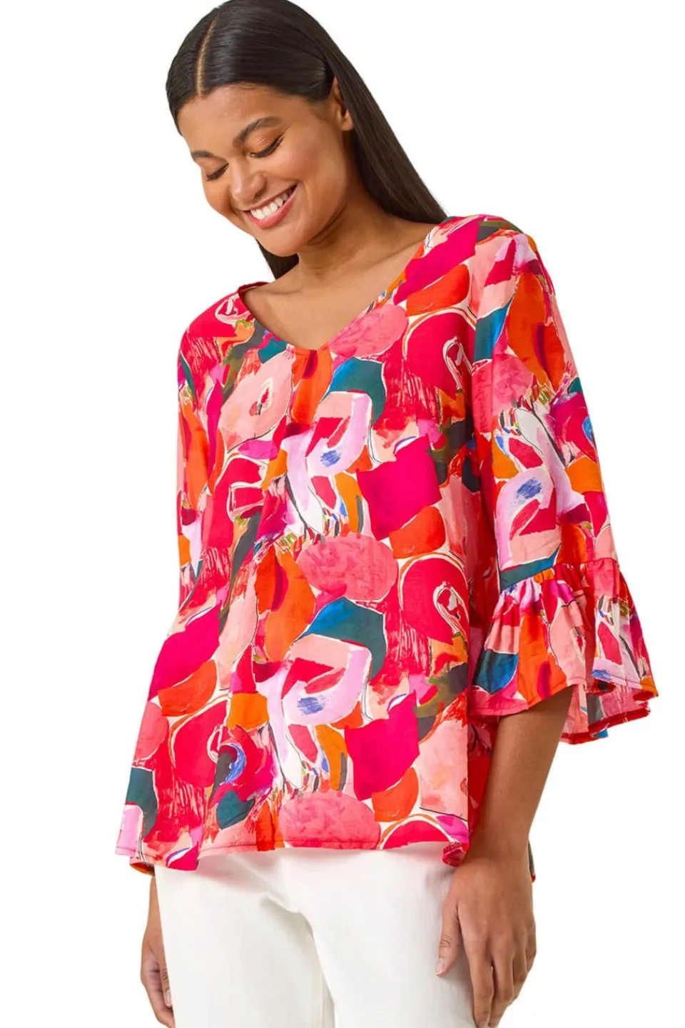 Tops>Roman Red Abstract Print Flare Sleeve Top