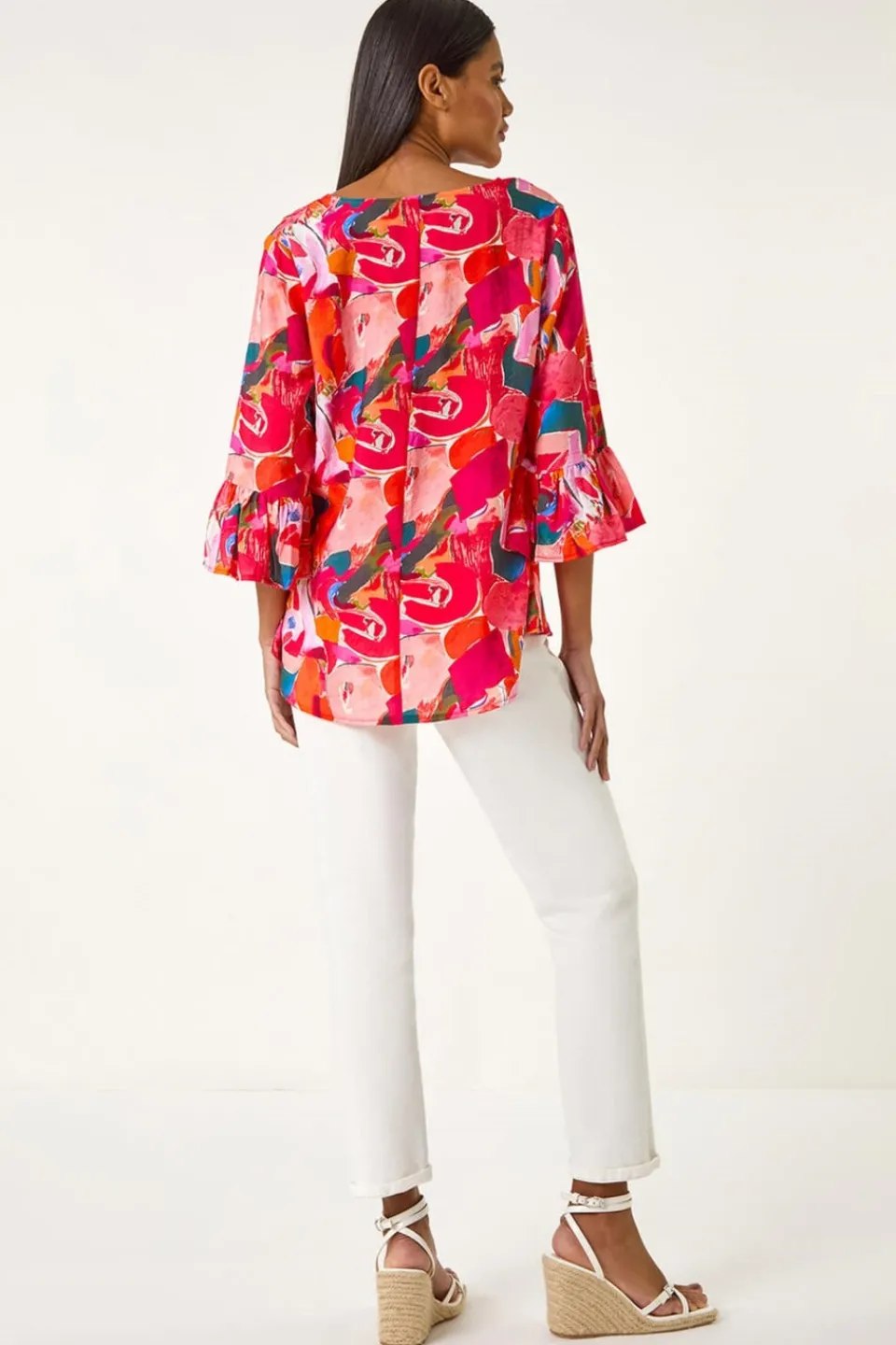 Tops>Roman Red Abstract Print Flare Sleeve Top