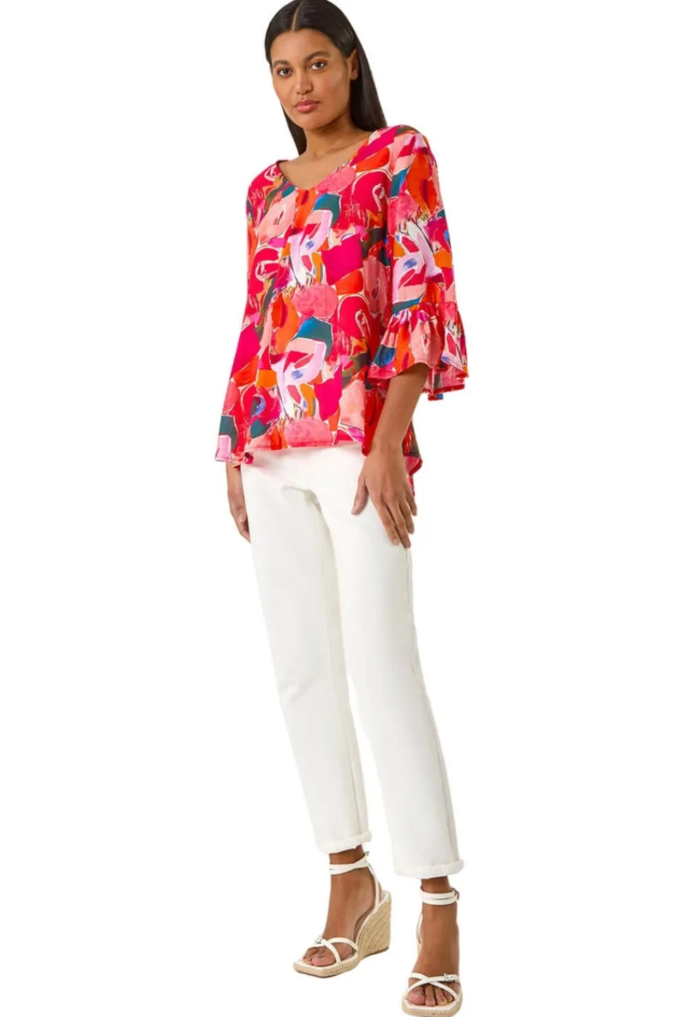 Tops>Roman Red Abstract Print Flare Sleeve Top