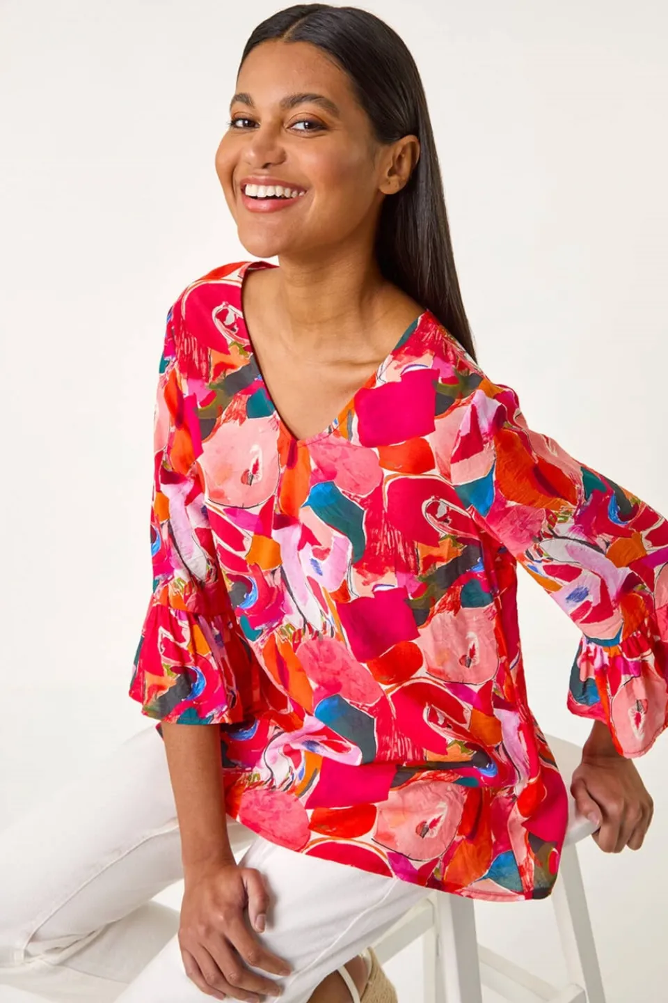 Tops>Roman Red Abstract Print Flare Sleeve Top