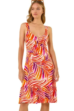 Dresses>Roman Red Abstract Print V-Neck Frill Dress