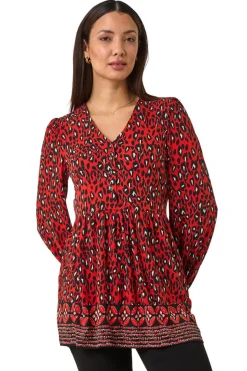 Tops>Roman Abstract Printed V-Neck Tunic Top Red