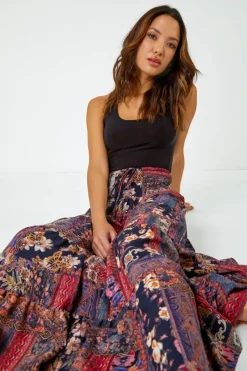 Skirts>Roman Red Boho Floral Shirred Waist Maxi Skirt
