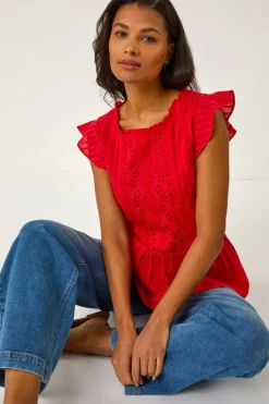 Tops>Roman Red Broderie Anglaise Frill Sleeve Top