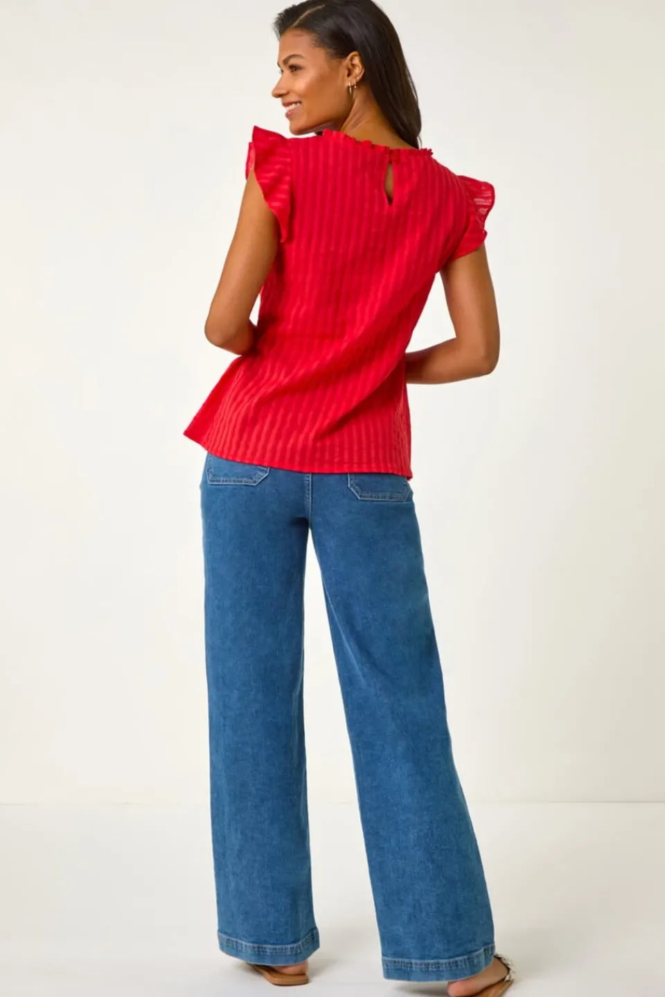 Tops>Roman Red Broderie Anglaise Frill Sleeve Top