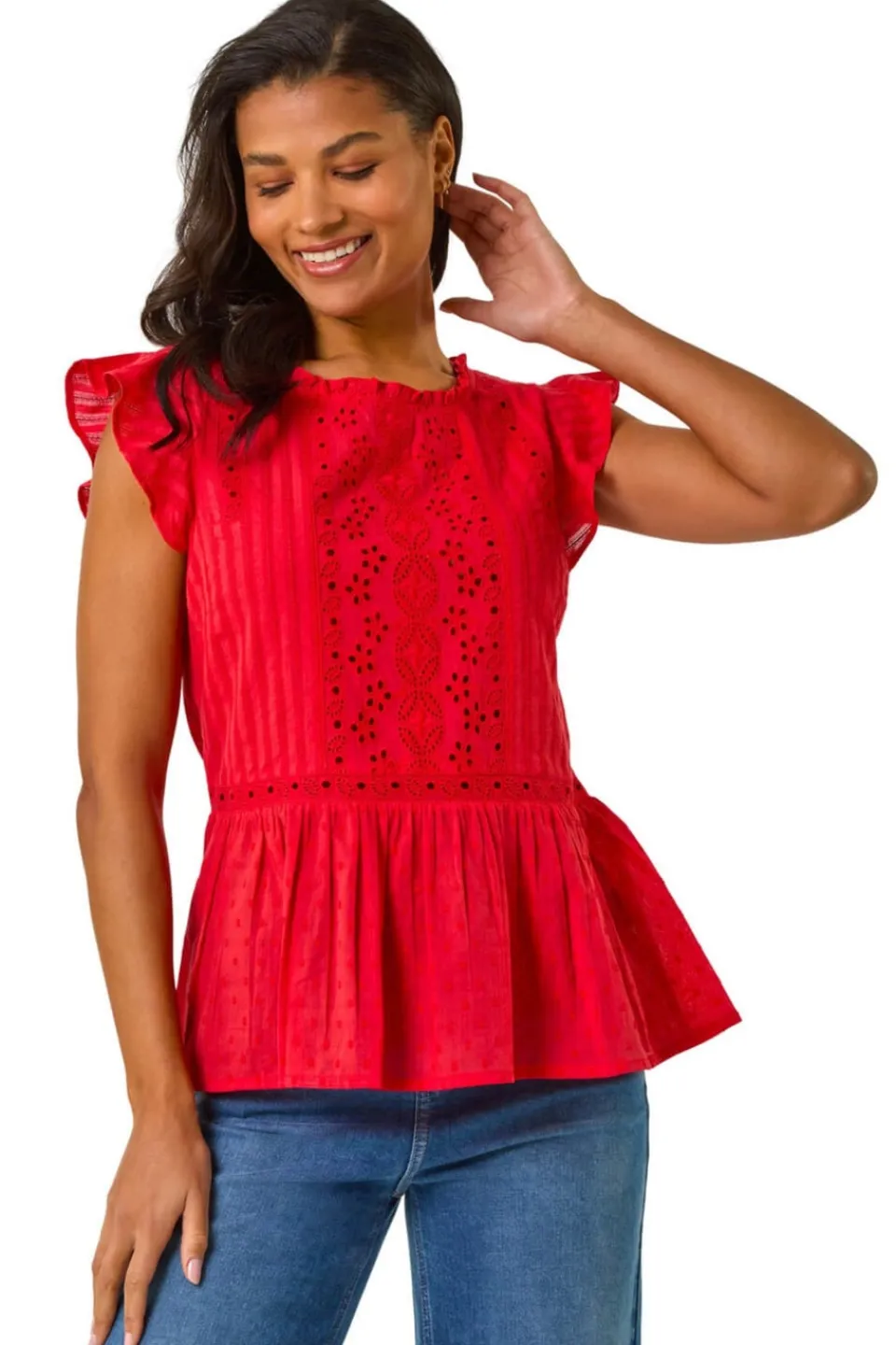 Tops>Roman Red Broderie Anglaise Frill Sleeve Top