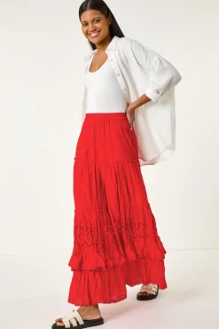 Skirts>Roman Red Broderie Tiered Maxi Skirt