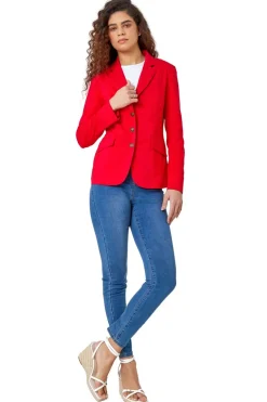 Coats & Jackets>Roman Button Detail Stretch Blazer Red