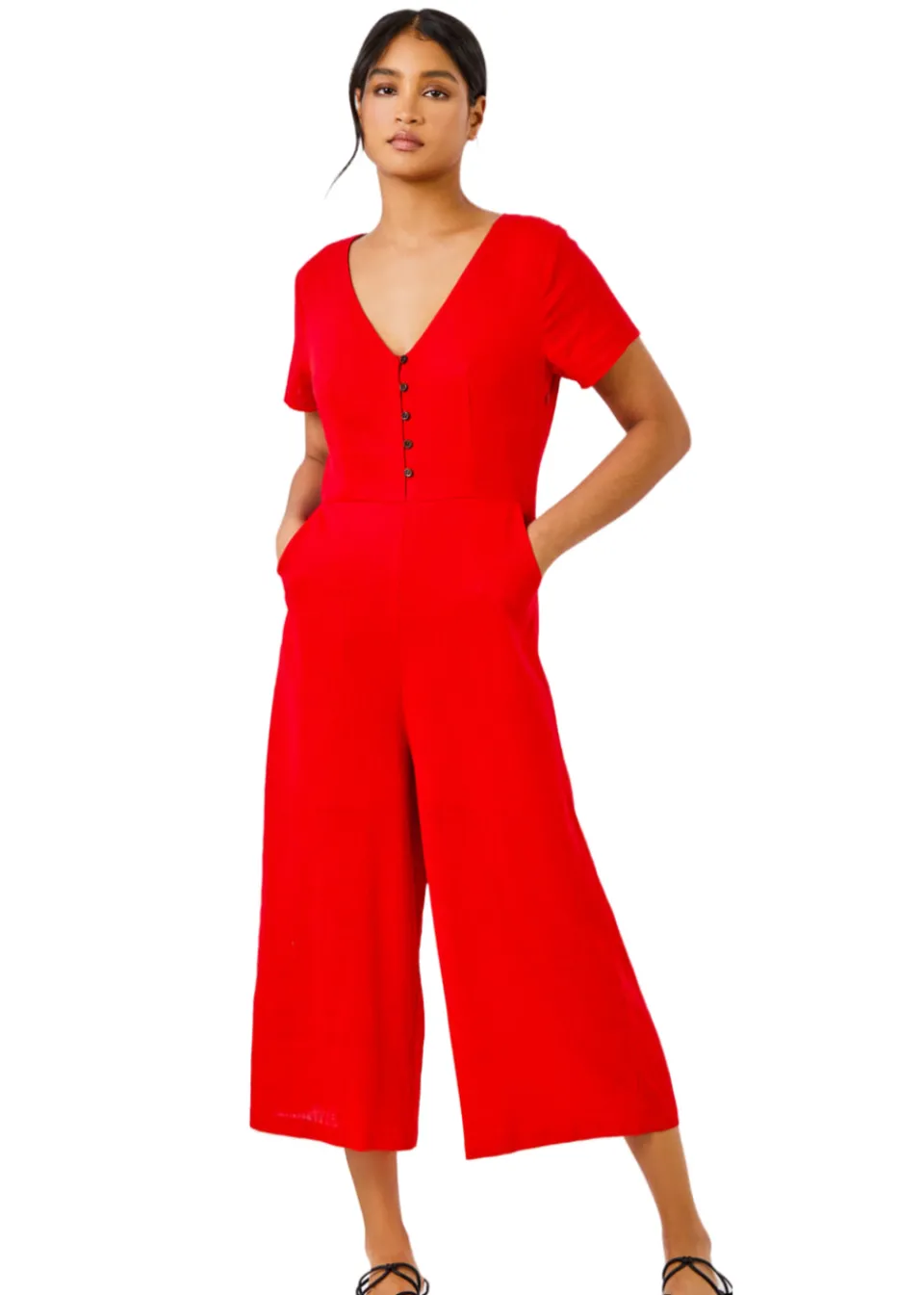 Jumpsuits & Playsuits>Roman Red Cotton Blend Culotte Jumpsuit