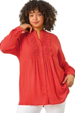 Tops>Roman Red Curve Lace Trim Pintuck Blouse