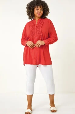 Tops>Roman Red Curve Lace Trim Pintuck Blouse