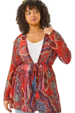 Coats & Jackets>Roman Red Curve Paisley Tie Front Kimono
