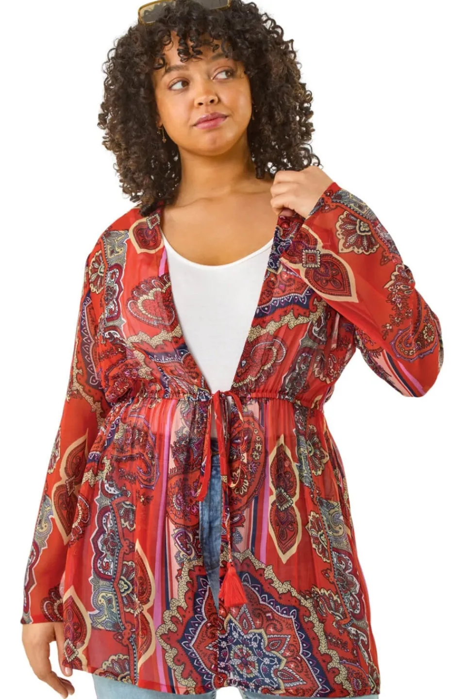 Coats & Jackets>Roman Red Curve Paisley Tie Front Kimono