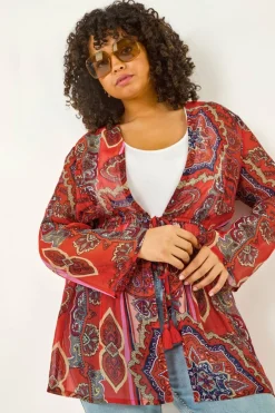 Coats & Jackets>Roman Red Curve Paisley Tie Front Kimono