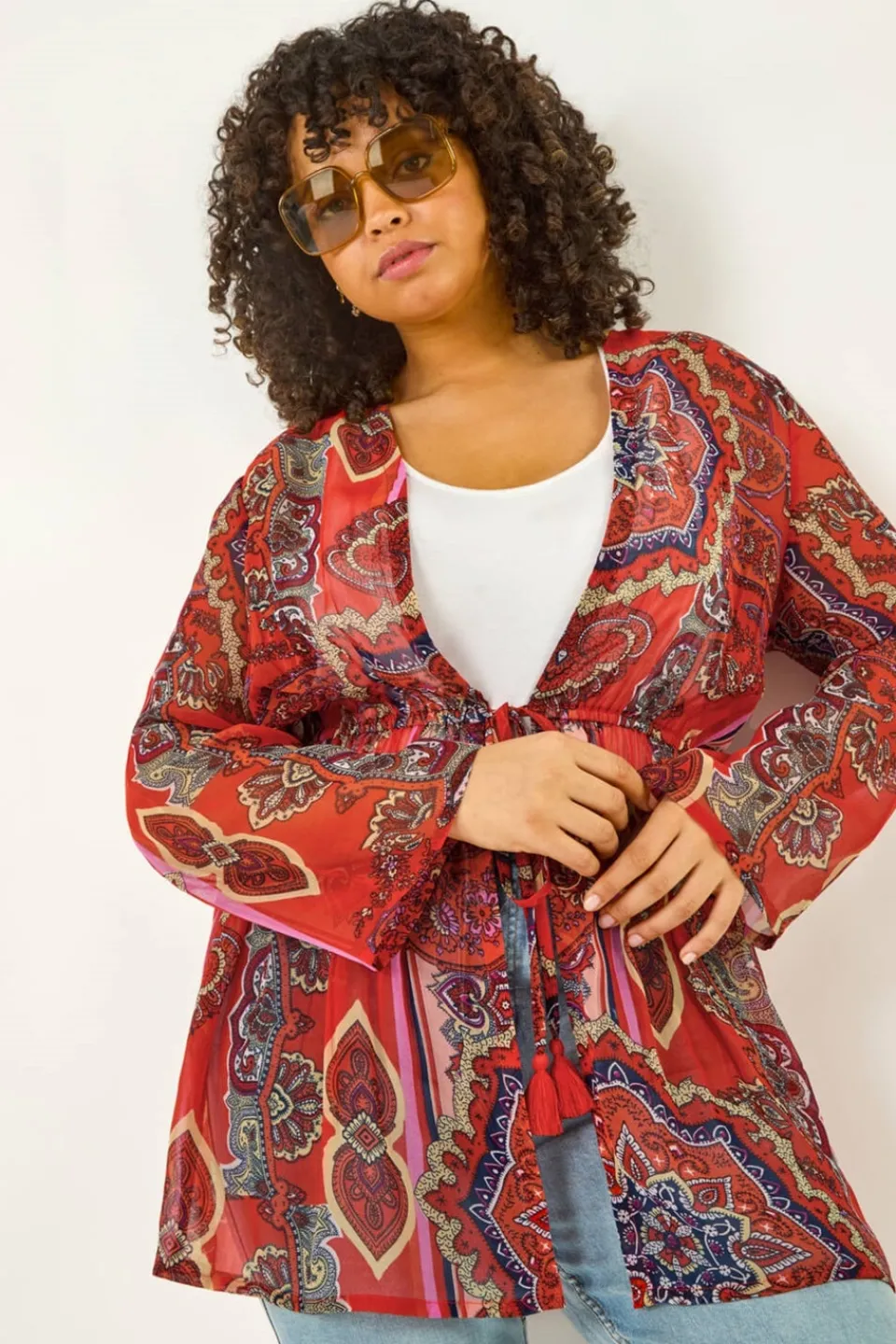 Coats & Jackets>Roman Red Curve Paisley Tie Front Kimono