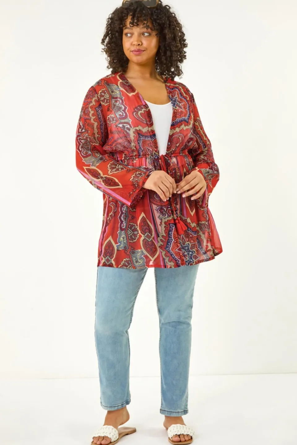 Coats & Jackets>Roman Red Curve Paisley Tie Front Kimono