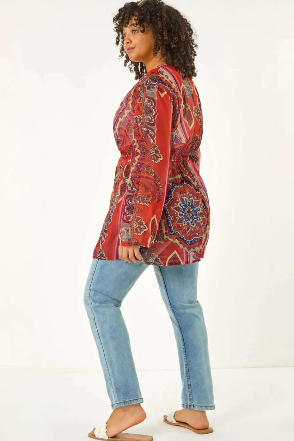 Coats & Jackets>Roman Red Curve Paisley Tie Front Kimono