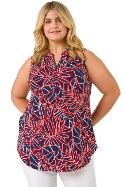 Tops>Roman Red Curve Textured Leaf Print Vest Top