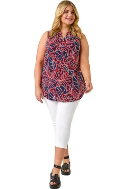 Tops>Roman Red Curve Textured Leaf Print Vest Top