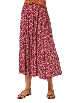 Skirts>Roman Red Ditsy Floral Belted Elastic Waist Midi Skirt