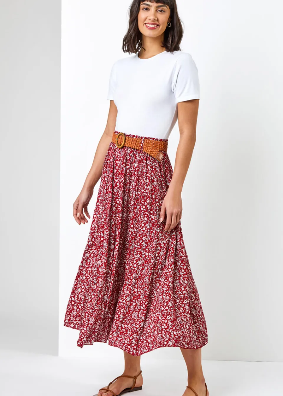 Skirts>Roman Red Ditsy Floral Belted Elastic Waist Midi Skirt
