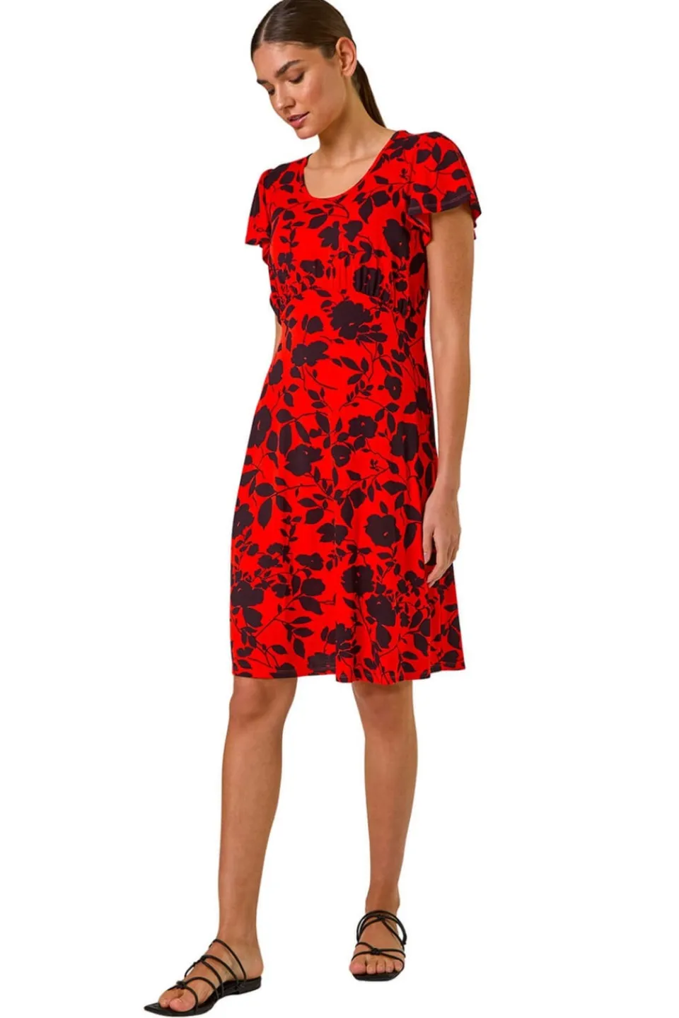 Dresses>Roman Red Ditsy Floral Print Stretch Dress