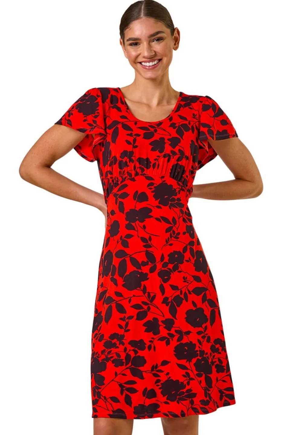 Dresses>Roman Red Ditsy Floral Print Stretch Dress