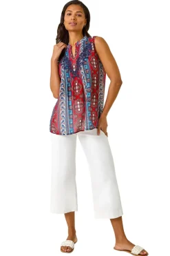 Tops>Roman Red Embroidered Abstract Print V Neck Top