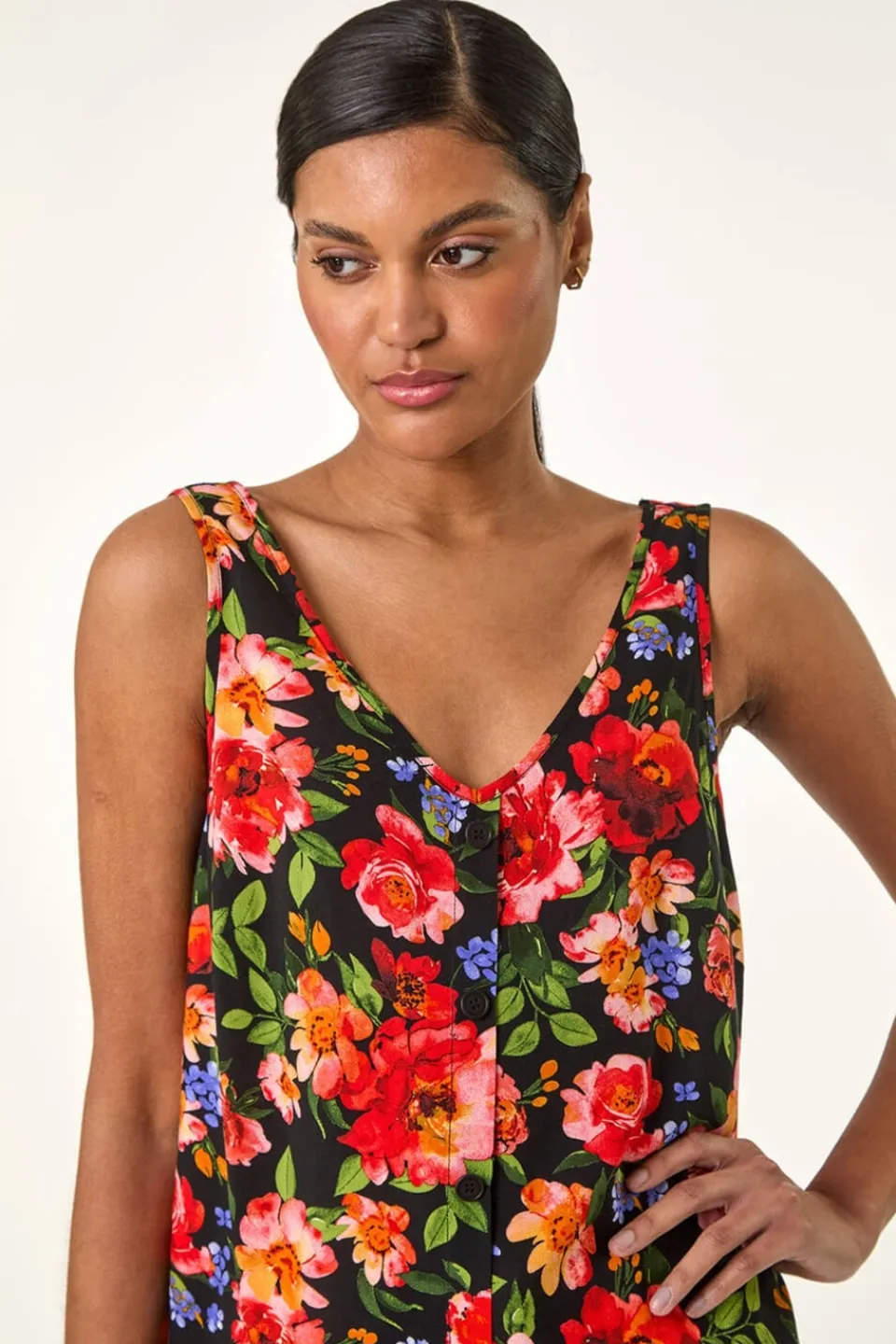 Tops>Roman Red Floral Buttoned Vest Top