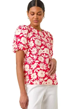 Tops>Roman Red Floral Print Balloon Sleeve Top