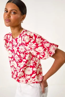 Tops>Roman Red Floral Print Balloon Sleeve Top