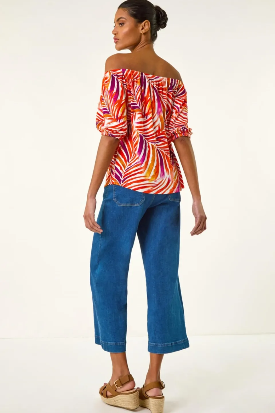 Tops>Roman Red Floral Print Bardot Stretch Top