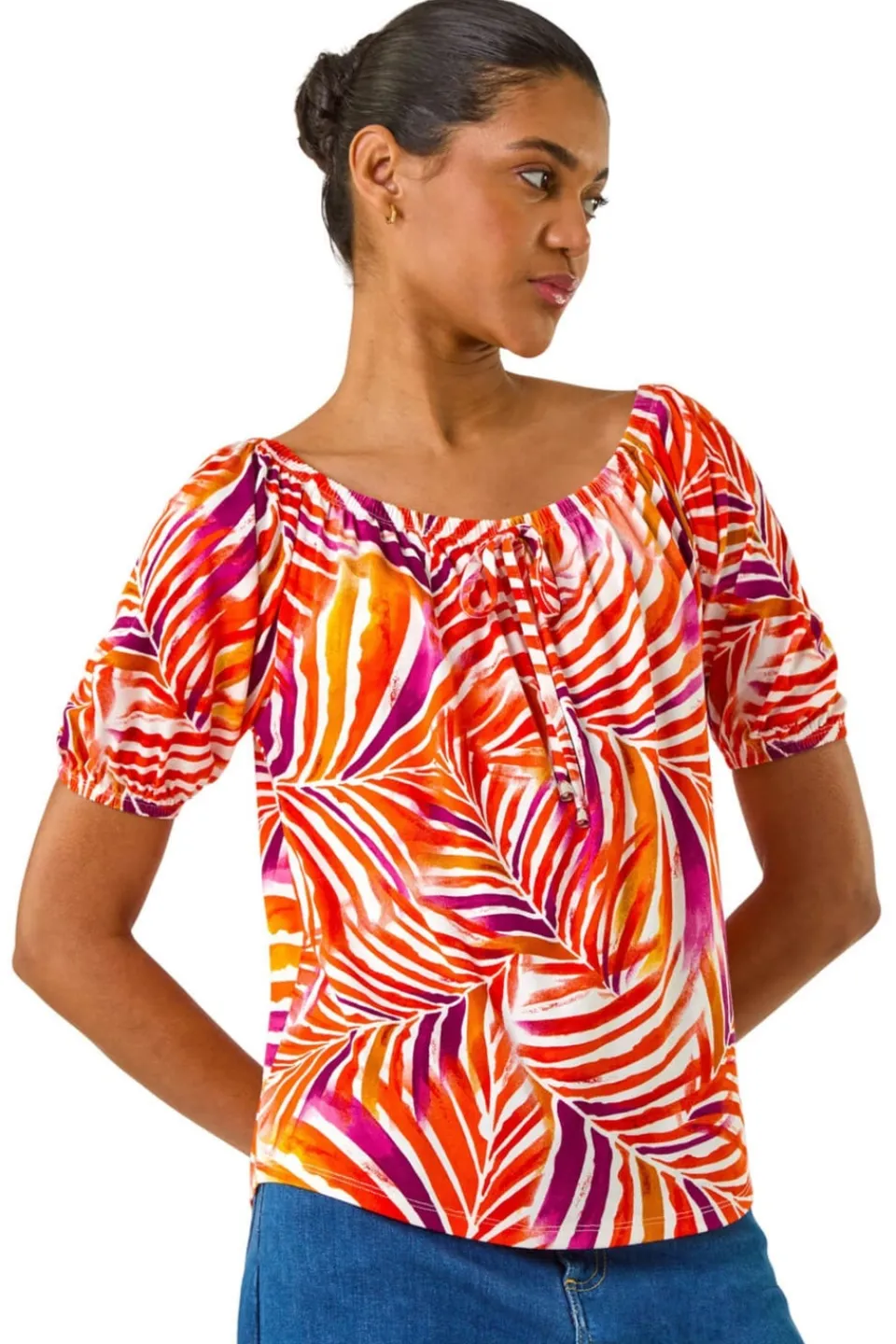 Tops>Roman Red Floral Print Bardot Stretch Top