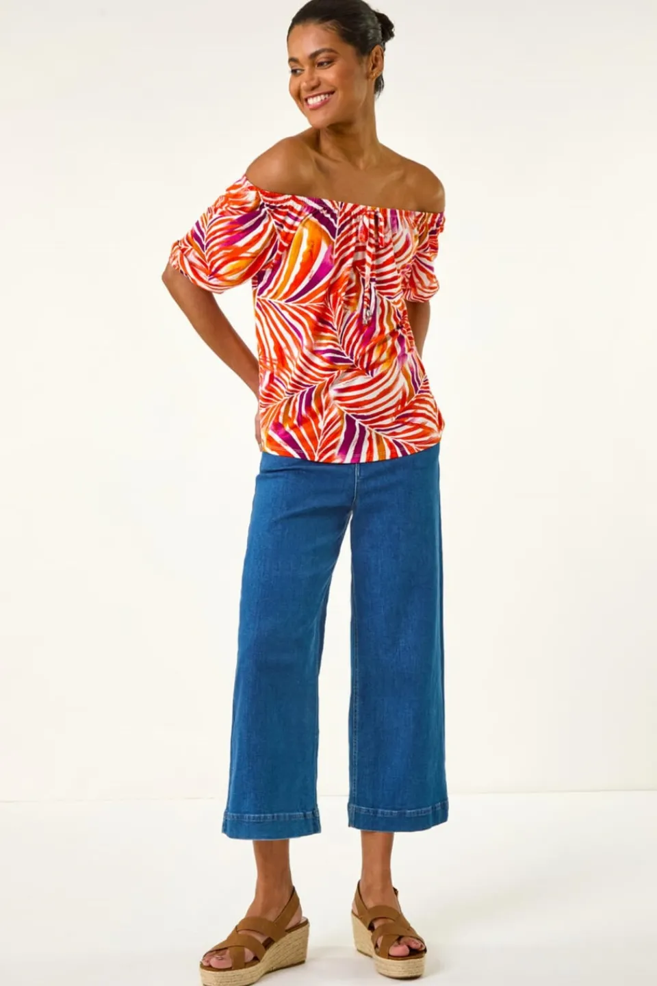 Tops>Roman Red Floral Print Bardot Stretch Top