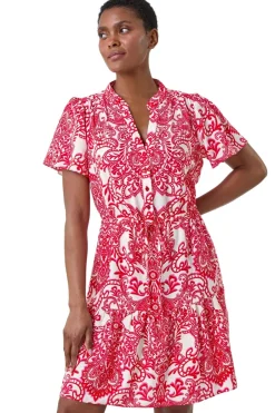 Dresses>Roman Red Floral Print Frill Hem Shirt Dress