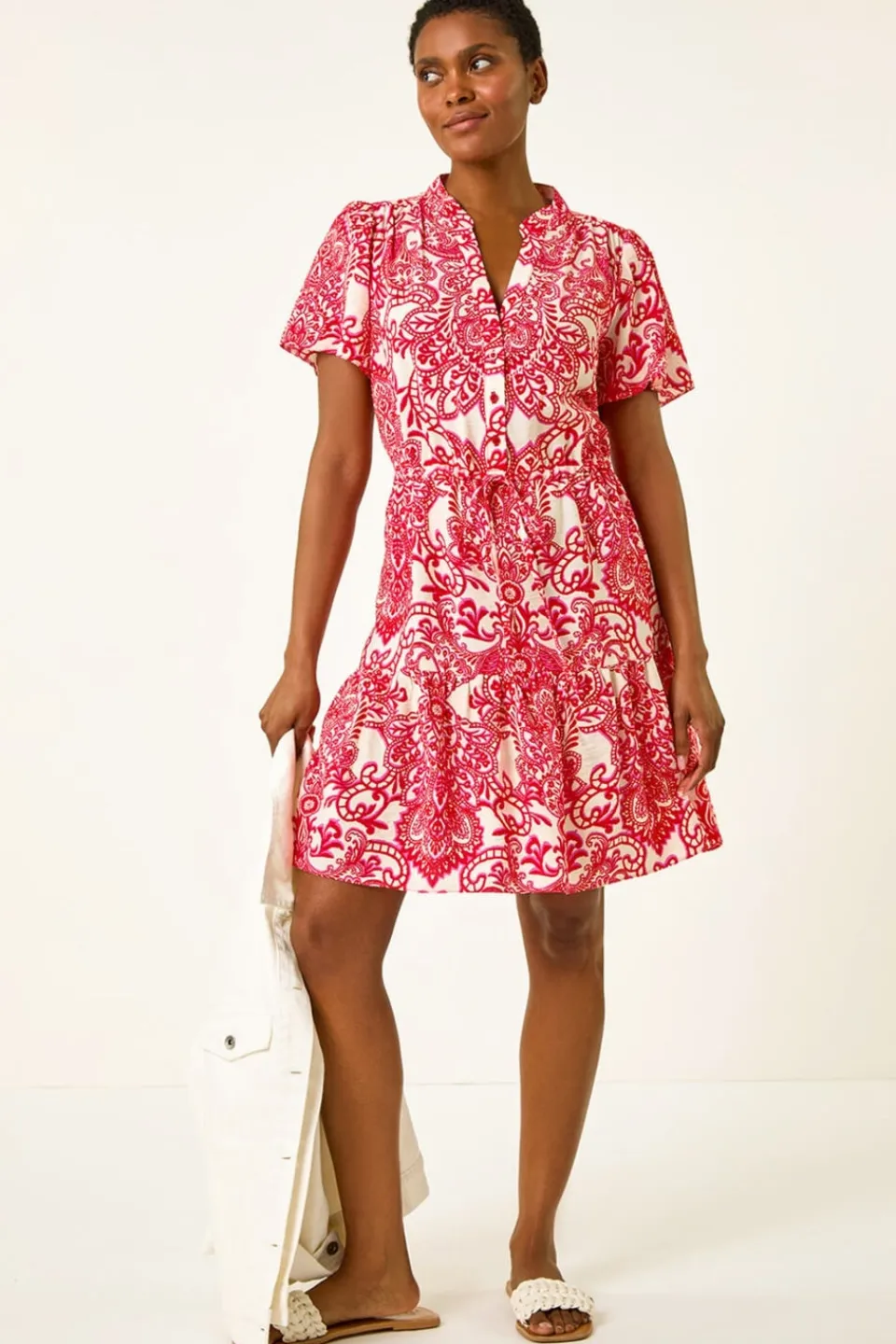 Dresses>Roman Red Floral Print Frill Hem Shirt Dress