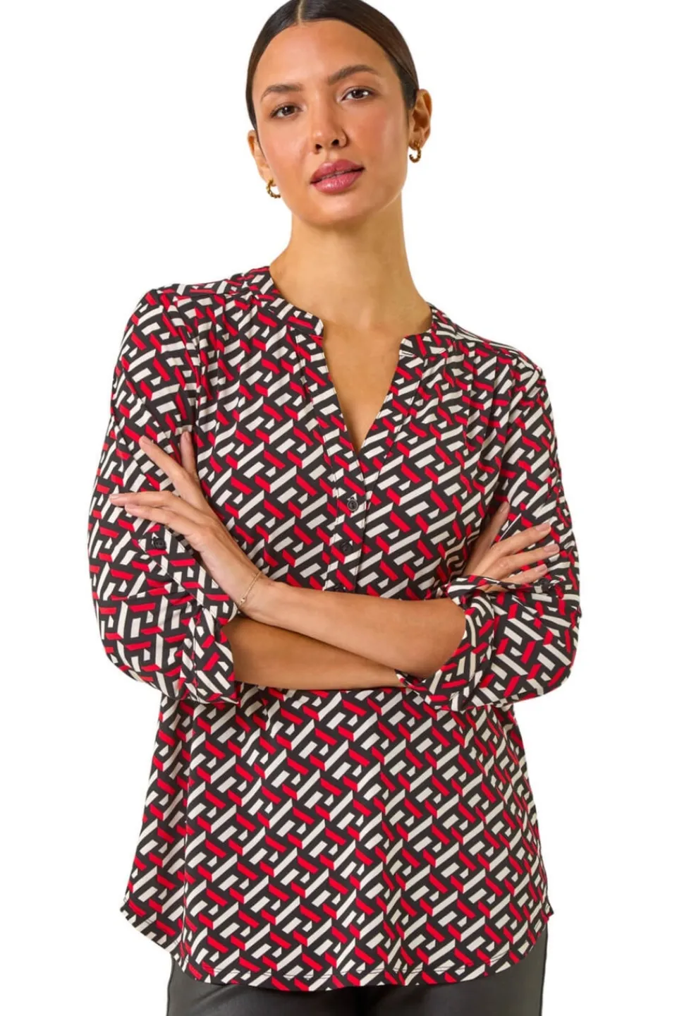 Tops>Roman Red Geometric Print Shirt