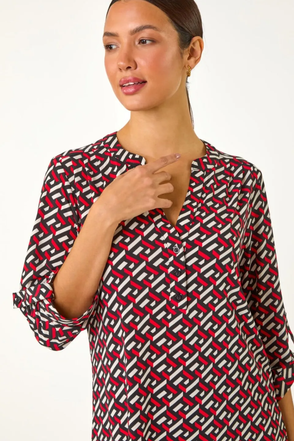 Tops>Roman Red Geometric Print Shirt