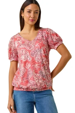 T-Shirts>Roman Red Paisley Burnout Blouson Top