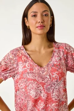 T-Shirts>Roman Red Paisley Burnout Blouson Top