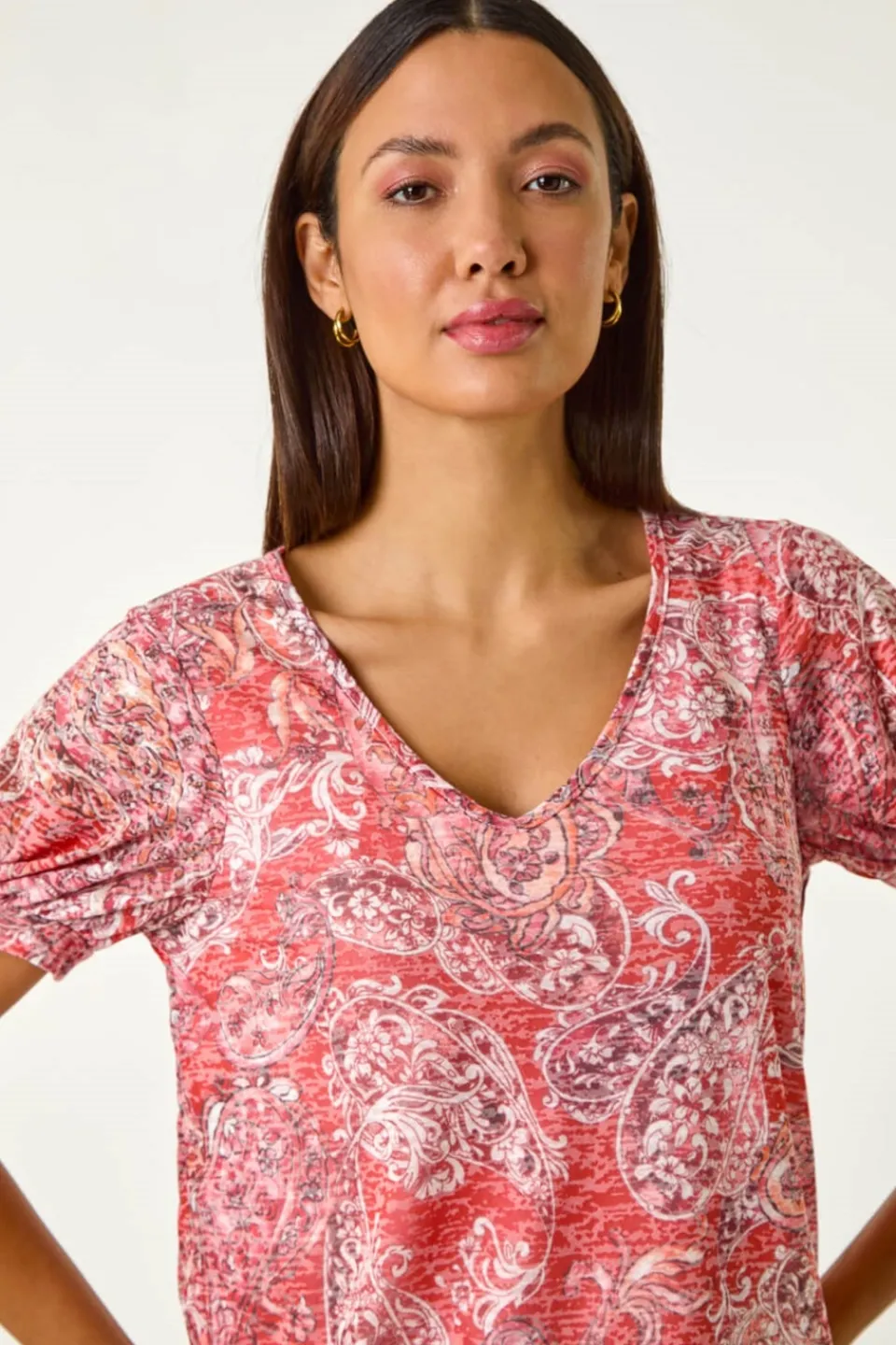 T-Shirts>Roman Red Paisley Burnout Blouson Top