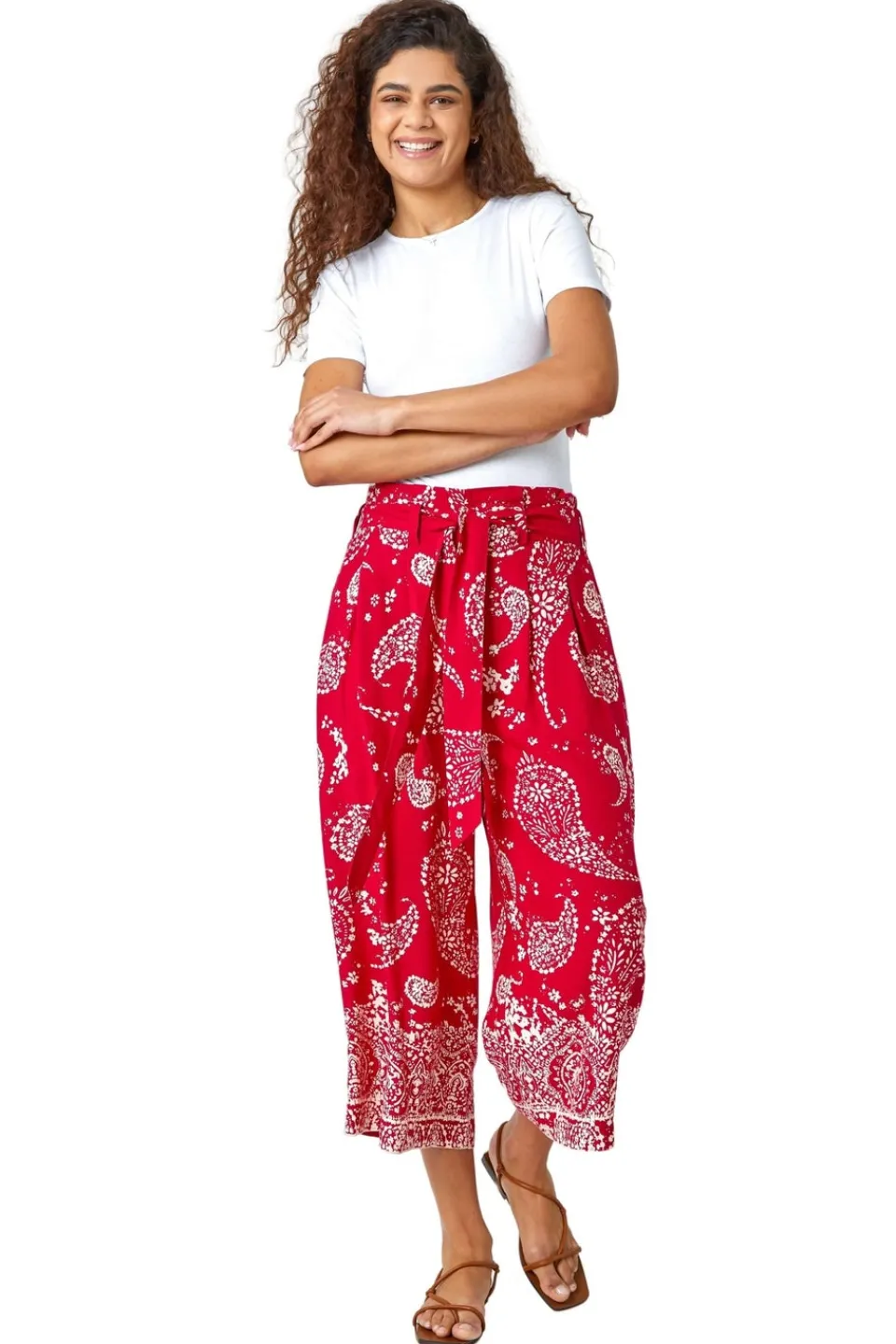 Trousers>Roman Paisley Print Wide Leg Cropped Trousers Red