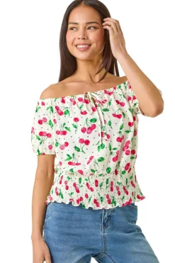 Tops>Roman Red Petite Cherry Print Bardot Blouson Top