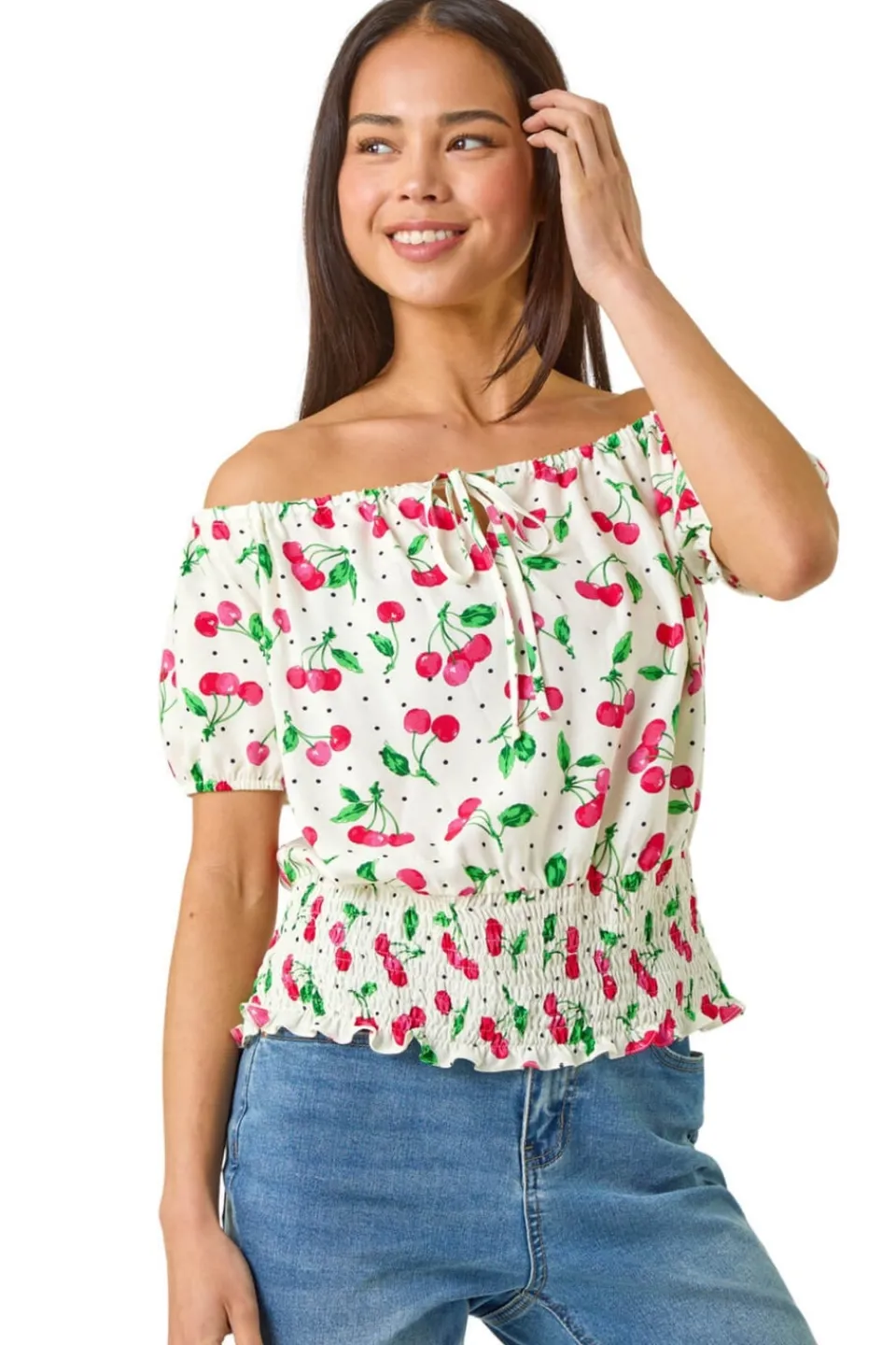 Tops>Roman Red Petite Cherry Print Bardot Blouson Top